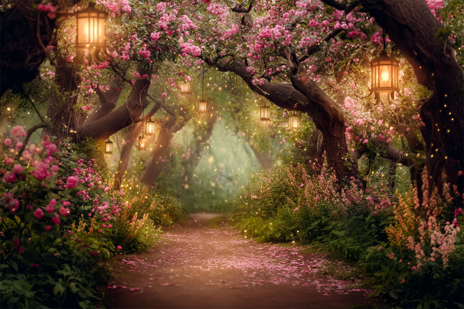 Toile de fond Forêt Nocturne Sentier Fleurs Lanternes Épanouies Photo TWW59-155
