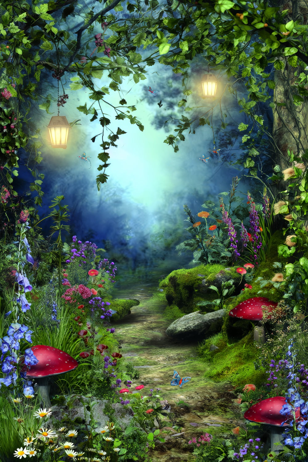 Toile de fond Forêt Magique Jardin Fées Lanternes Conte De Fées TWW59-156