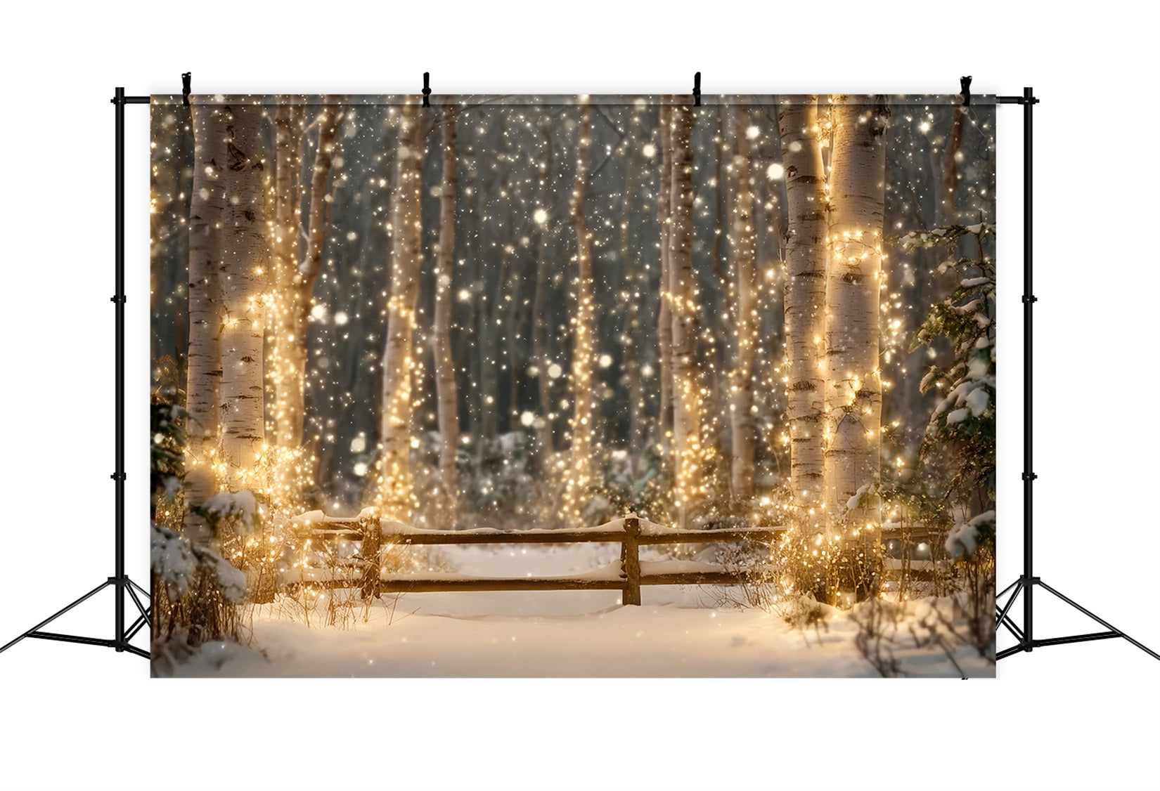 Toile de fond Forêt Nocturne Bouleaux Enneigés Lumières Scintillantes Hiver TWW59-157