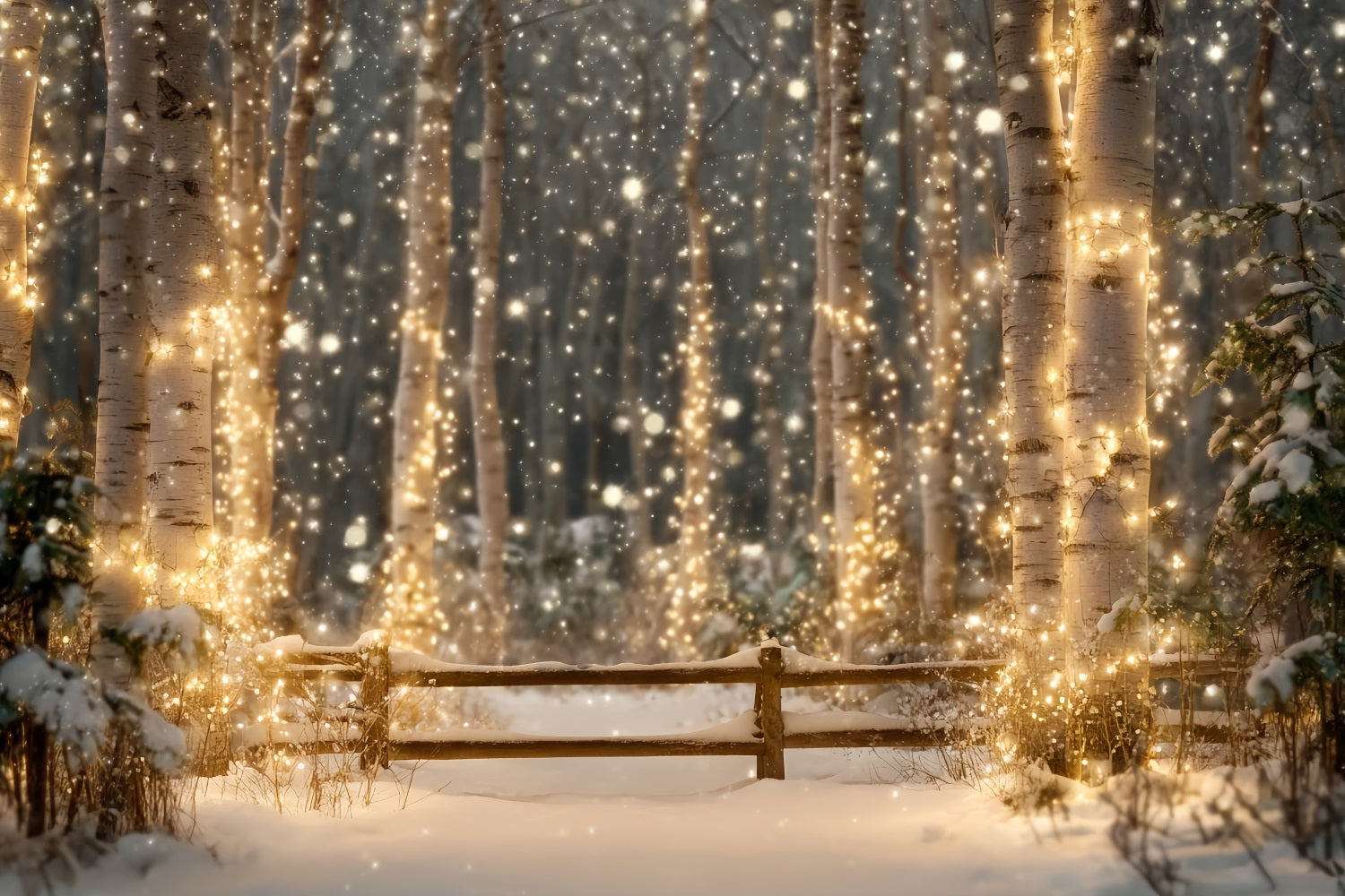 Toile de fond Forêt Nocturne Bouleaux Enneigés Lumières Scintillantes Hiver TWW59-157