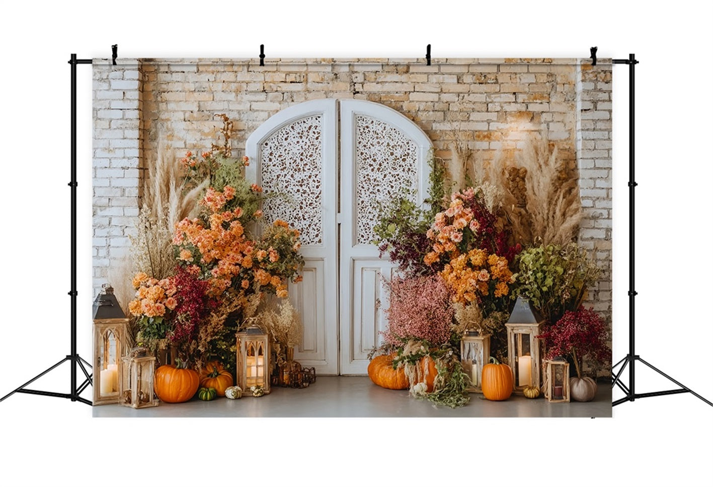 Toile de fond Mur Brique Porte Vintage Fleurs Citrouilles TWW59-163