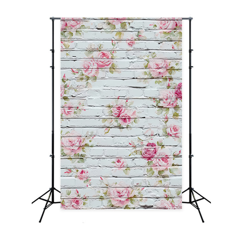 Toile de fond Mur Brique Roses Peintes Blanc Délavé TWW59-173