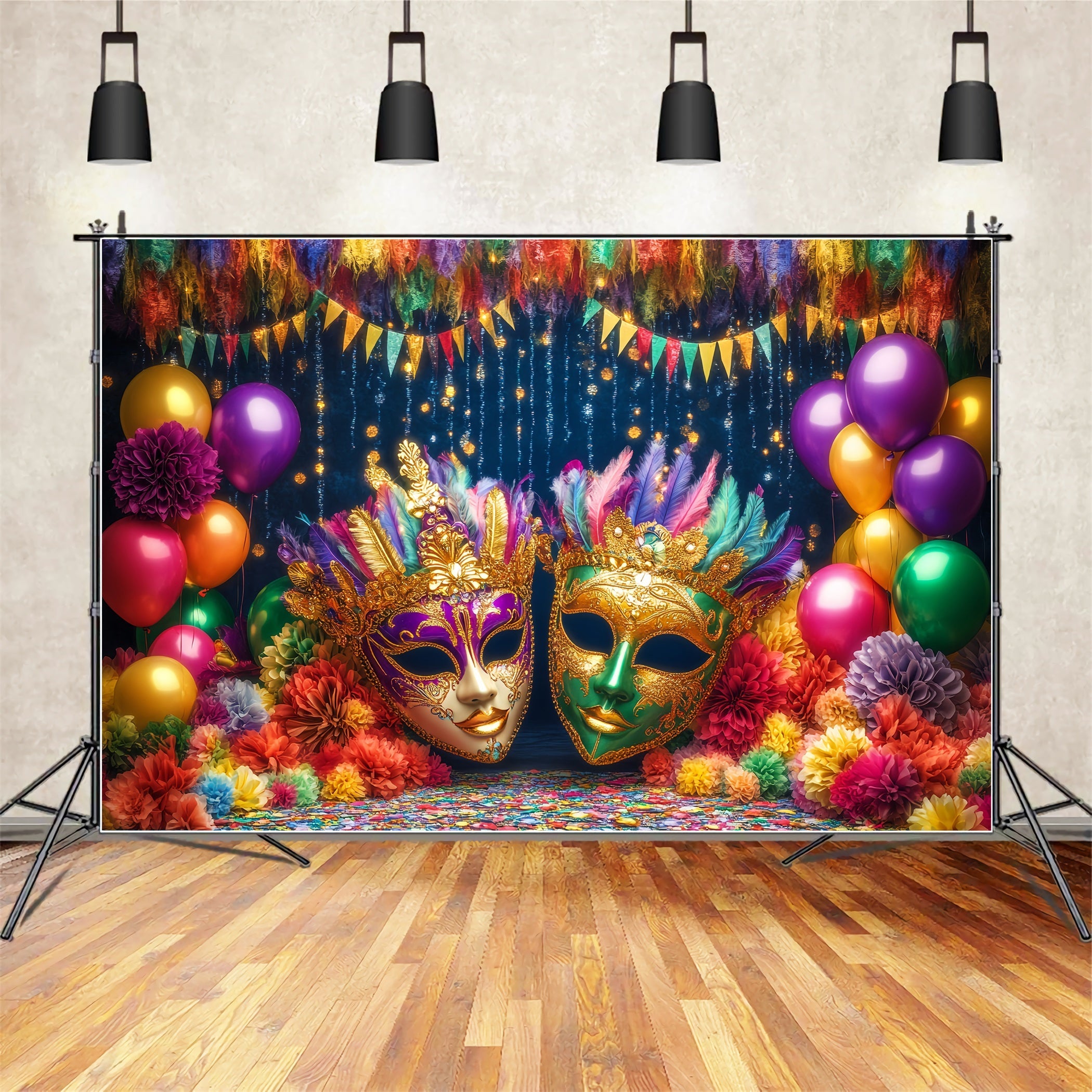 Toile de fond Cirque Masque Coloré Ballons Plumes Mascarade TWW59-19