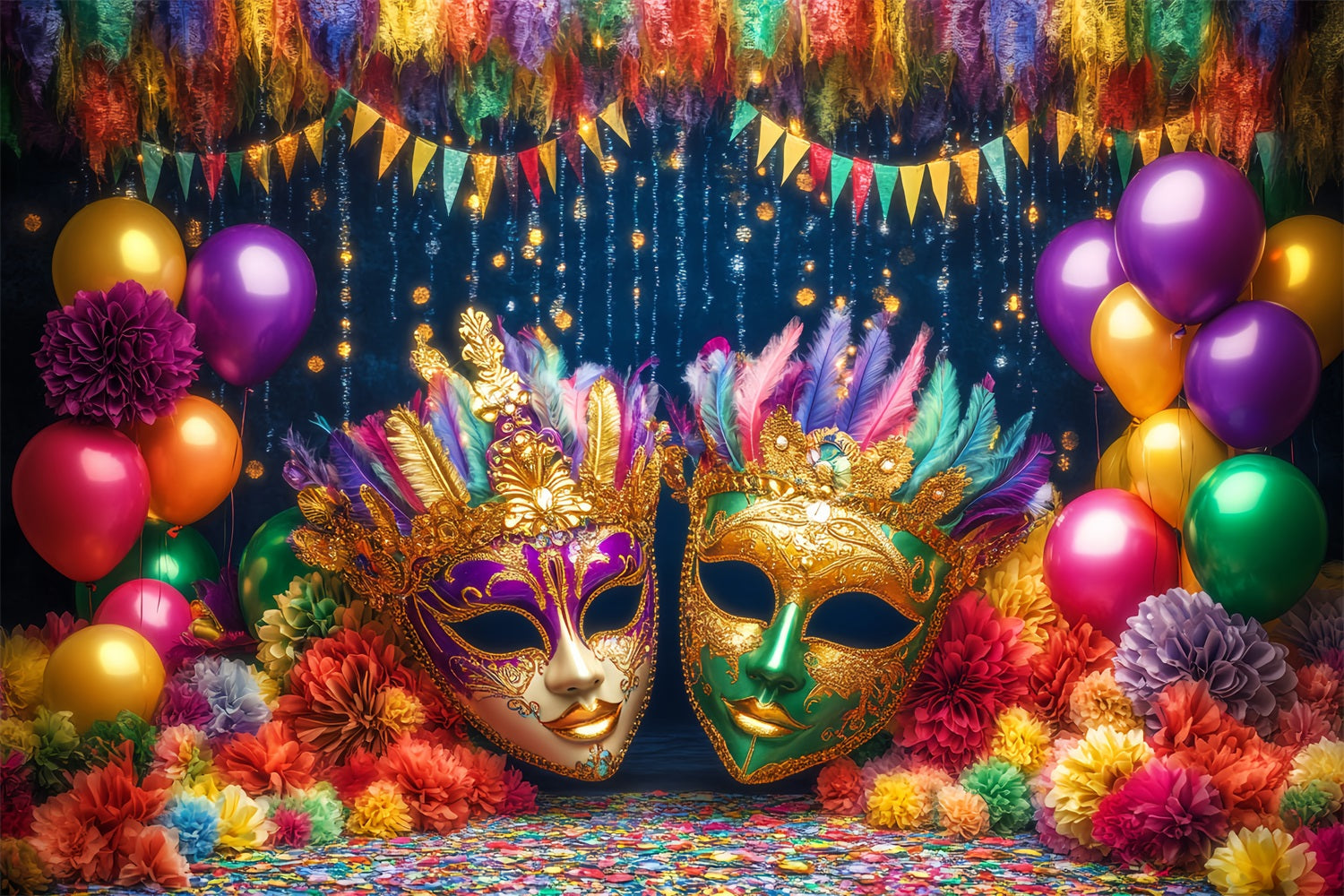 Toile de fond Cirque Masque Coloré Ballons Plumes Mascarade TWW59-19