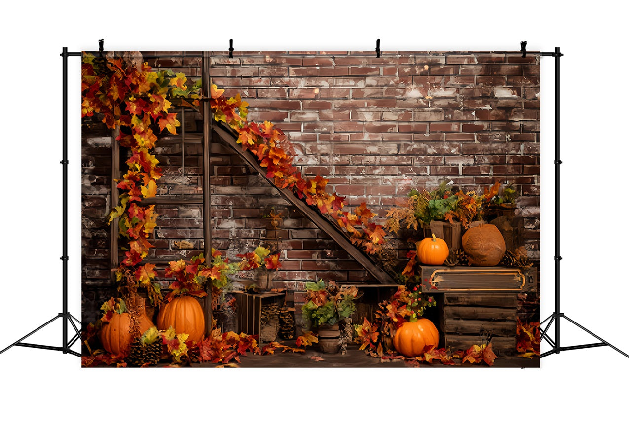 Toile de fond Mur Brique Automne Citrouilles Feuilles d’Érable TWW59-195