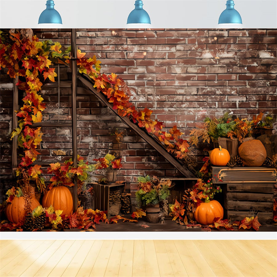 Toile de fond Mur Brique Automne Citrouilles Feuilles d’Érable TWW59-195