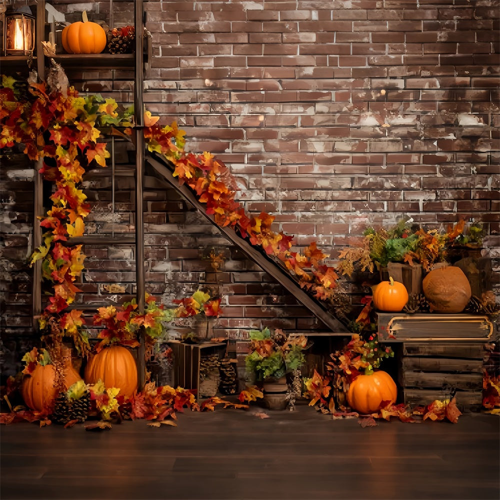 Toile de fond Mur Brique Automne Citrouilles Feuilles d’Érable TWW59-195