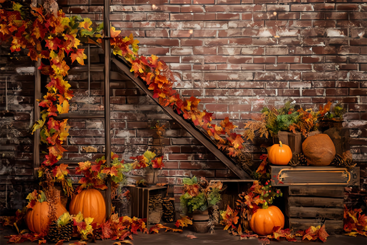 Toile de fond Mur Brique Automne Citrouilles Feuilles d’Érable TWW59-195