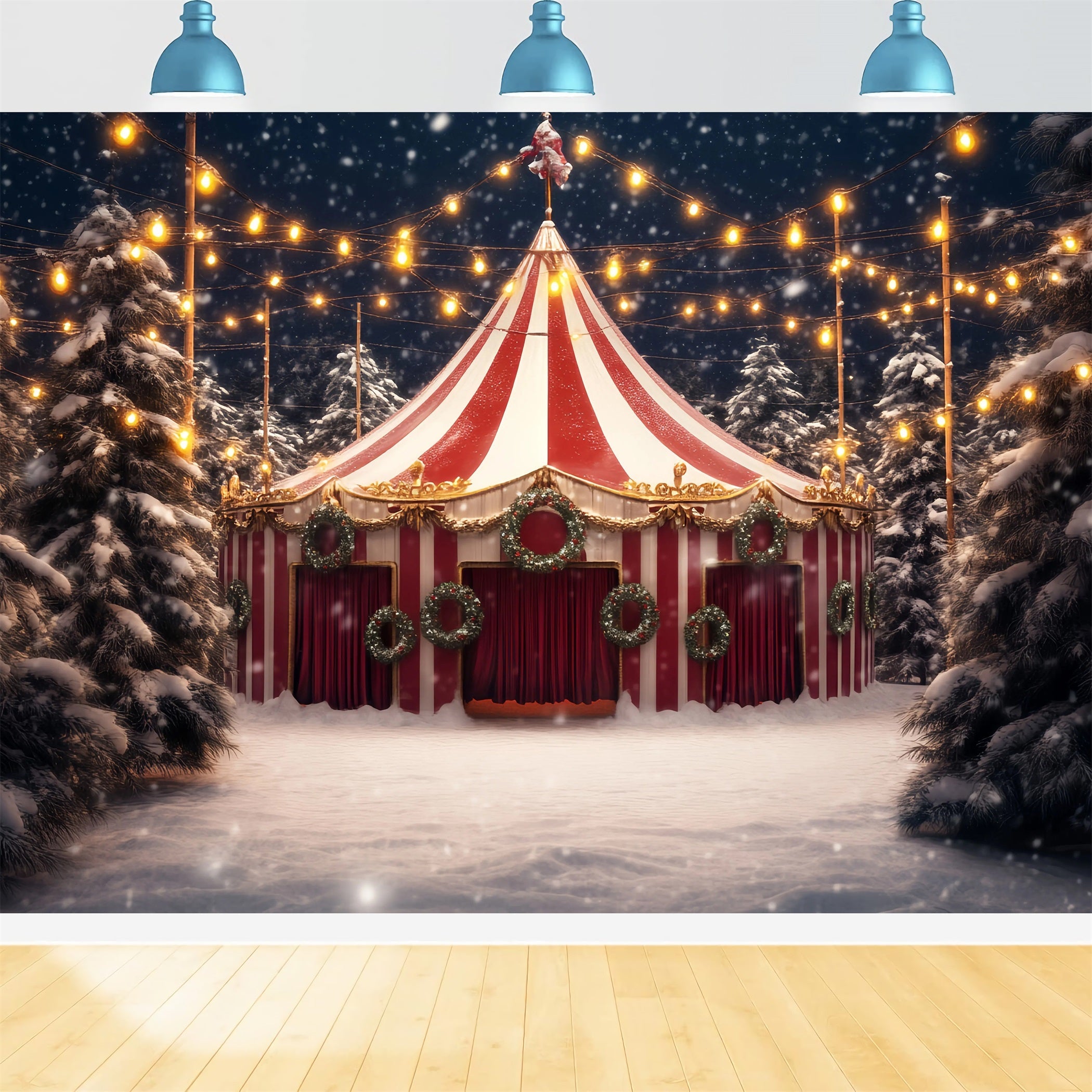 Toile de fond Cirque Chapiteau Noël Couronne Enneigée TWW59-20
