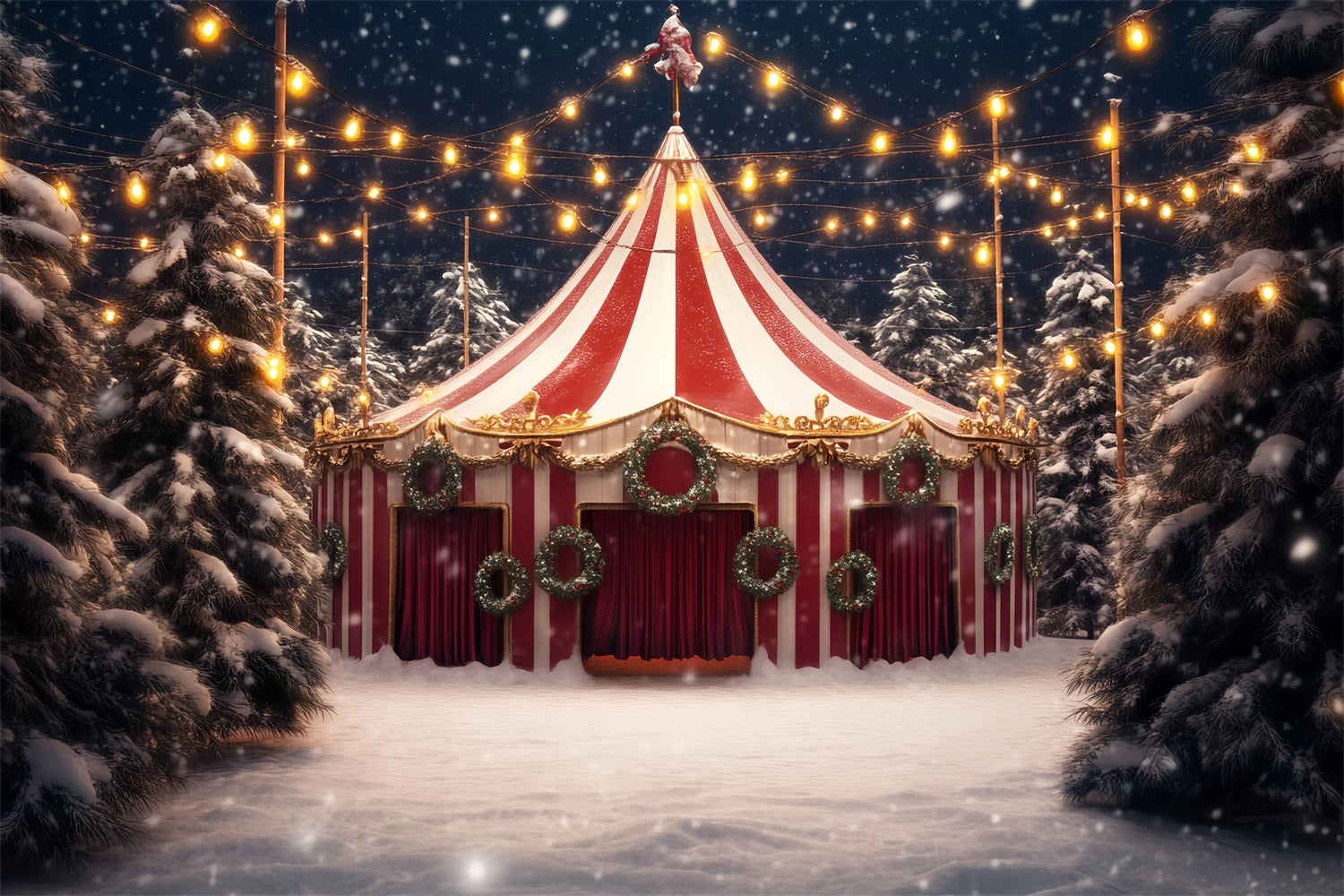Toile de fond Cirque Chapiteau Noël Couronne Enneigée TWW59-20