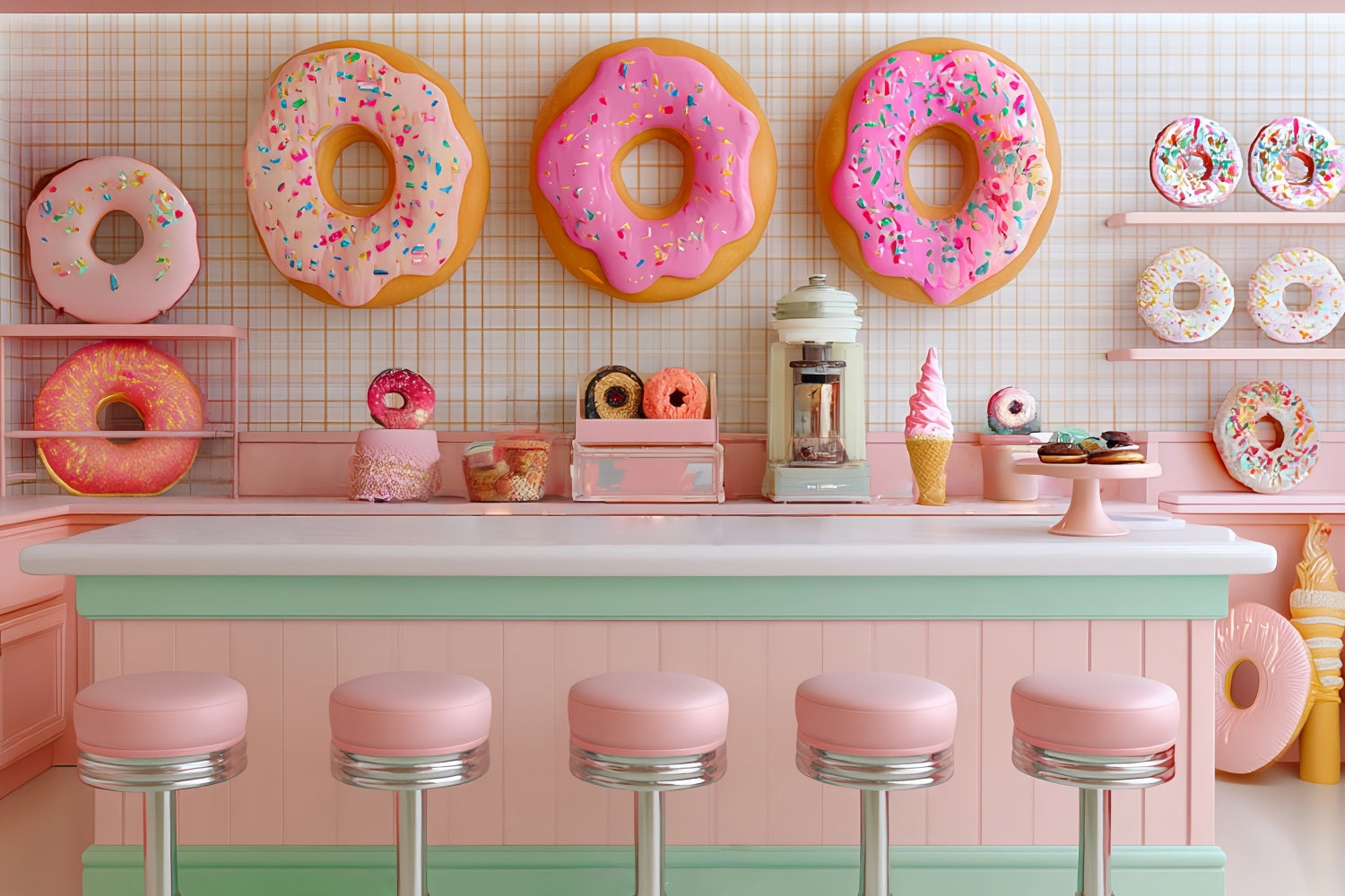 Fond pour smash cake avec bar à desserts et beignets roses pour fille Fond d'anniversaire TWW59-213