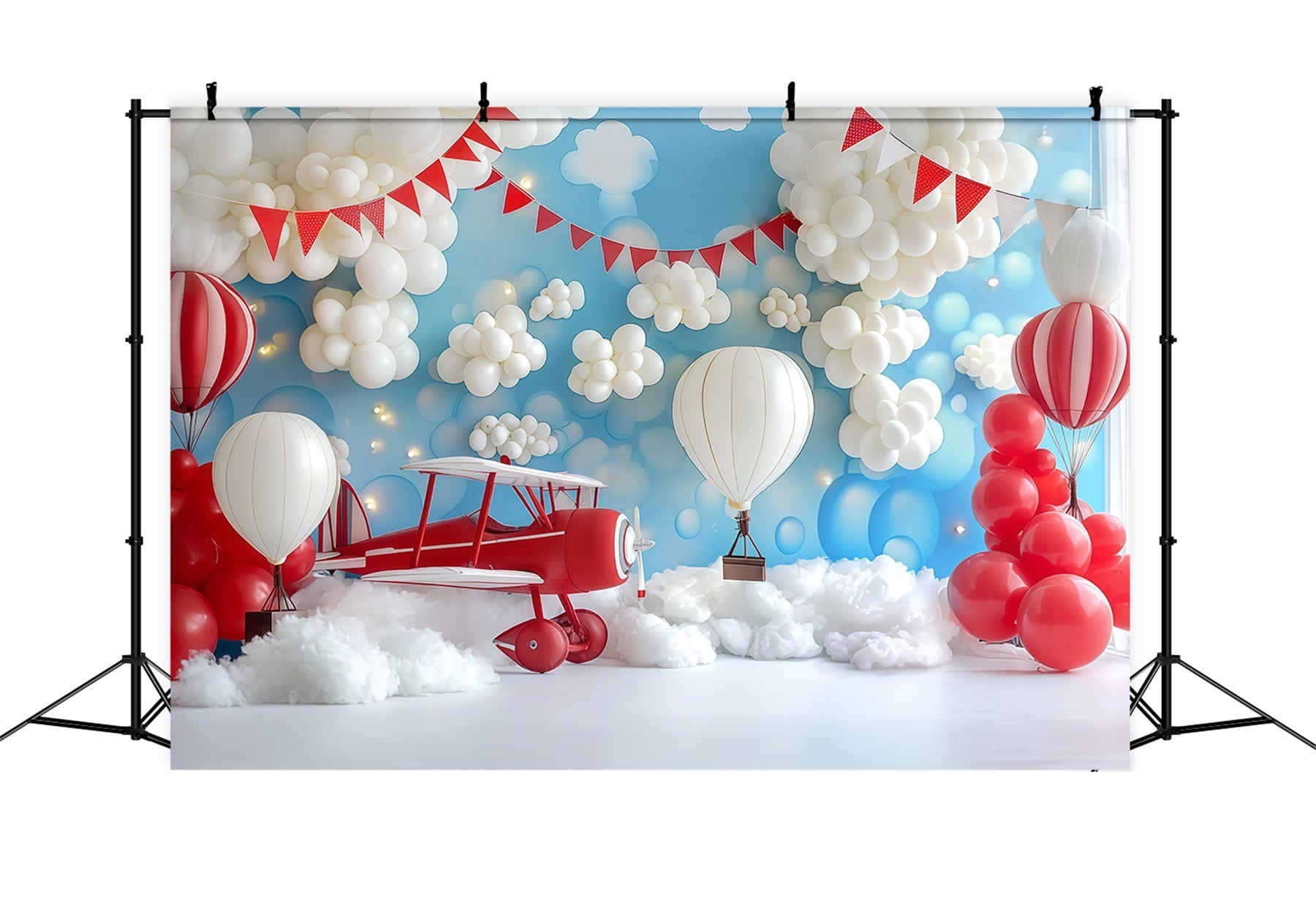 Fond pour smash cake avec ballons en forme d'avion et de nuages pour garçon Fond d'anniversaire TWW59-214