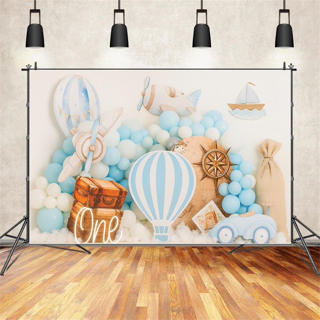 Fond pour cake smash Fonds d'anniversaire Blue Travel Adventure Theme TWW59-220