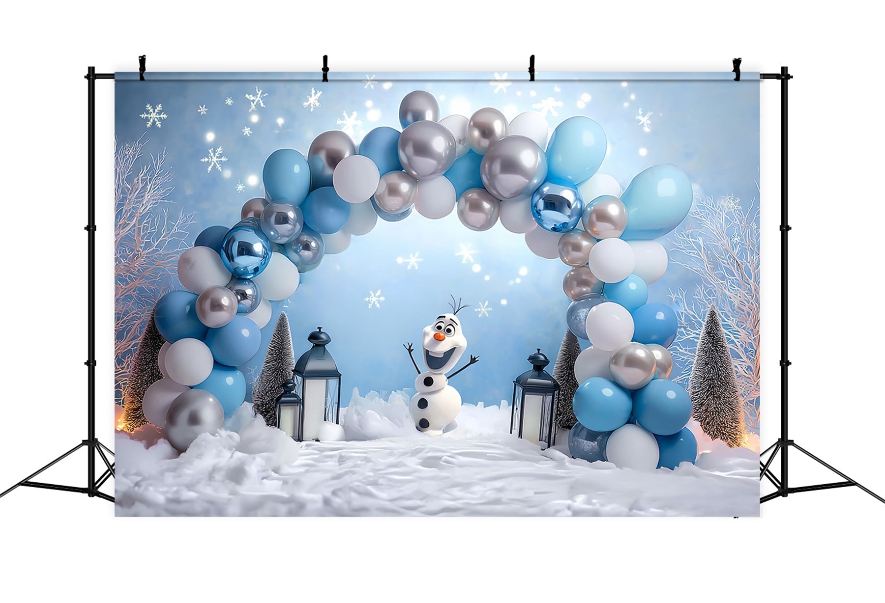 Fond pour cake smash Fond d'anniversaire avec bonhomme de neige et arche de ballons TWW59-235