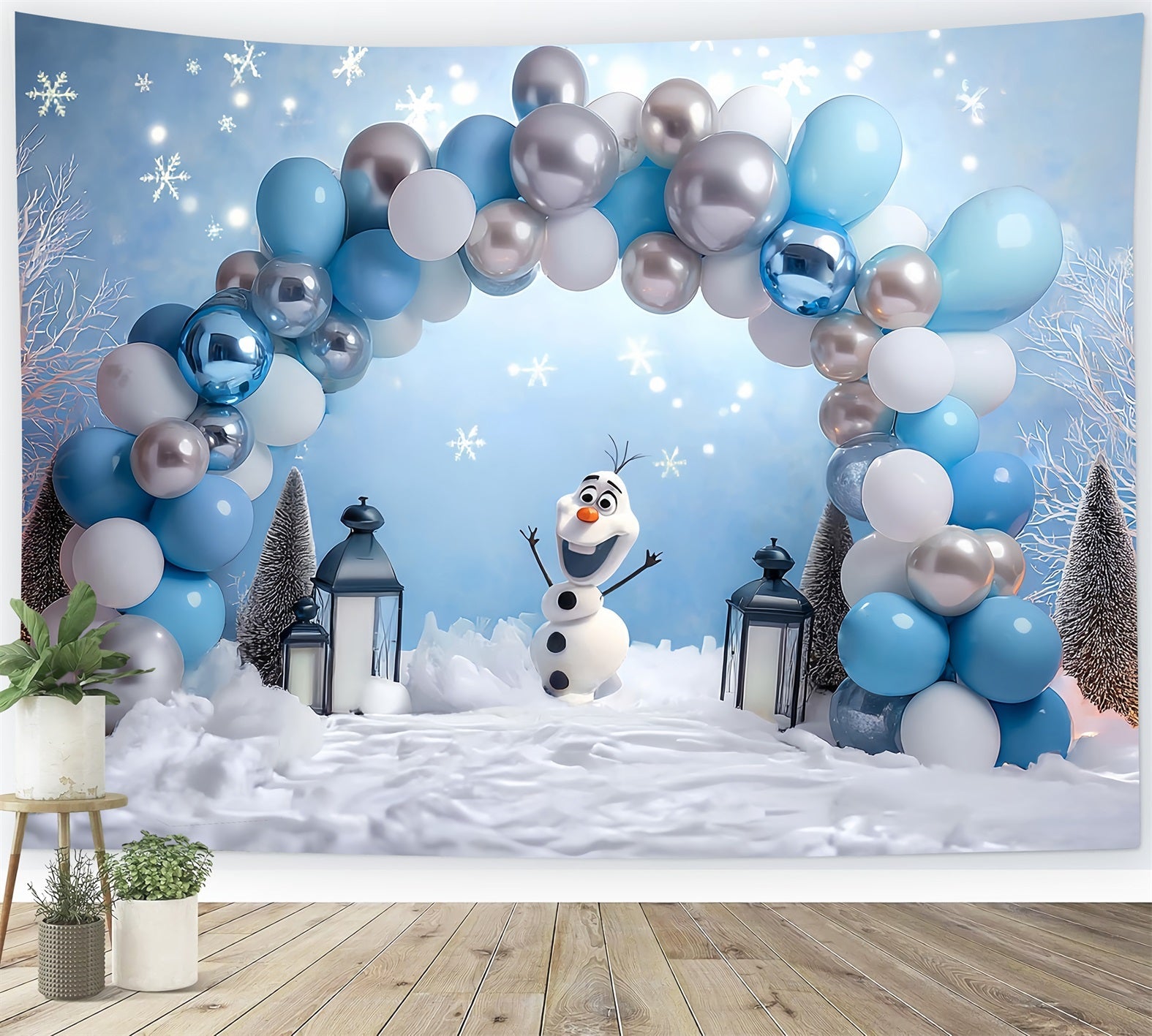 Fond pour cake smash Fond d'anniversaire avec bonhomme de neige et arche de ballons TWW59-235