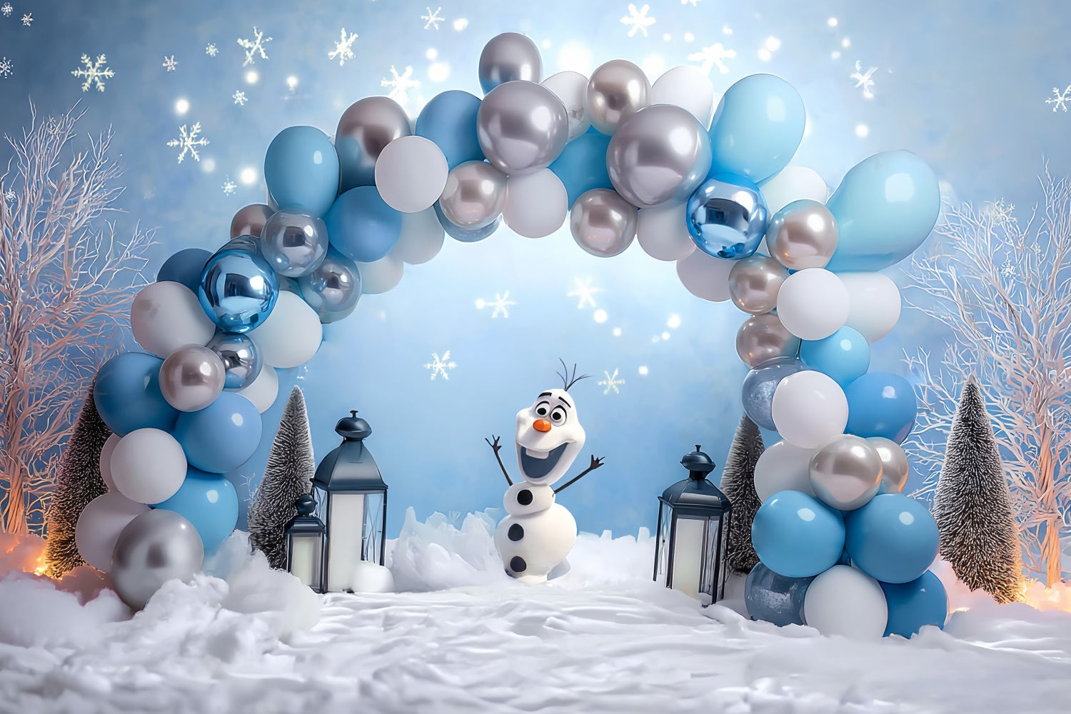 Fond pour cake smash Fond d'anniversaire avec bonhomme de neige et arche de ballons TWW59-235