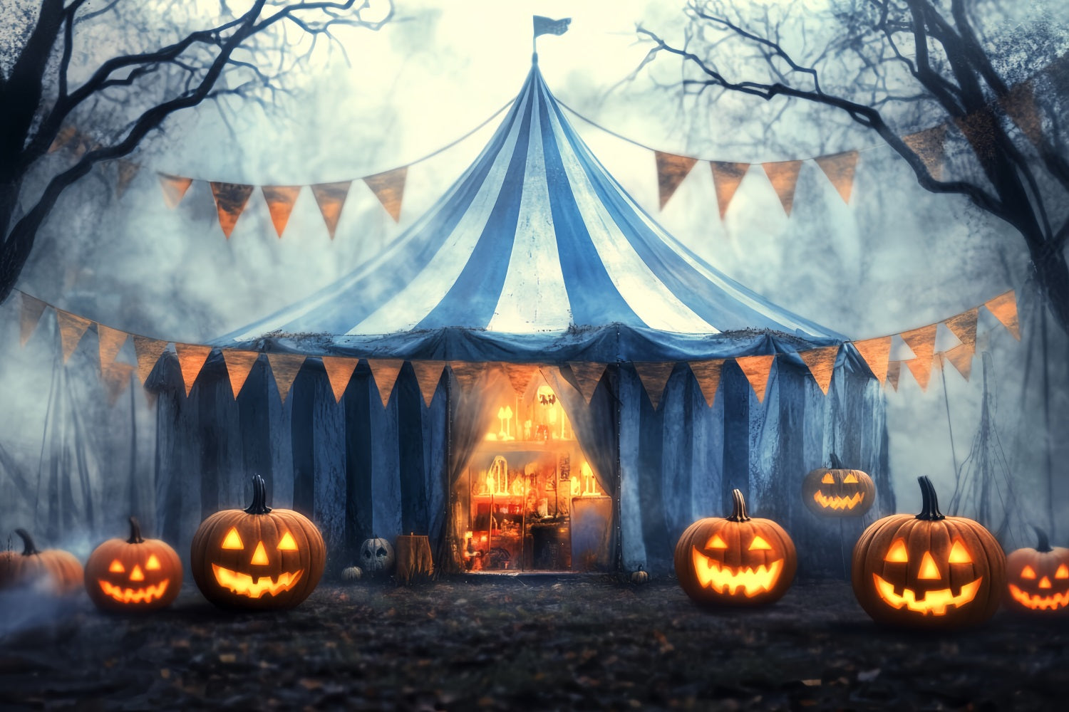 Toile de fond Cirque Halloween Citrouille Brouillard Chapiteau Hanté TWW59-24