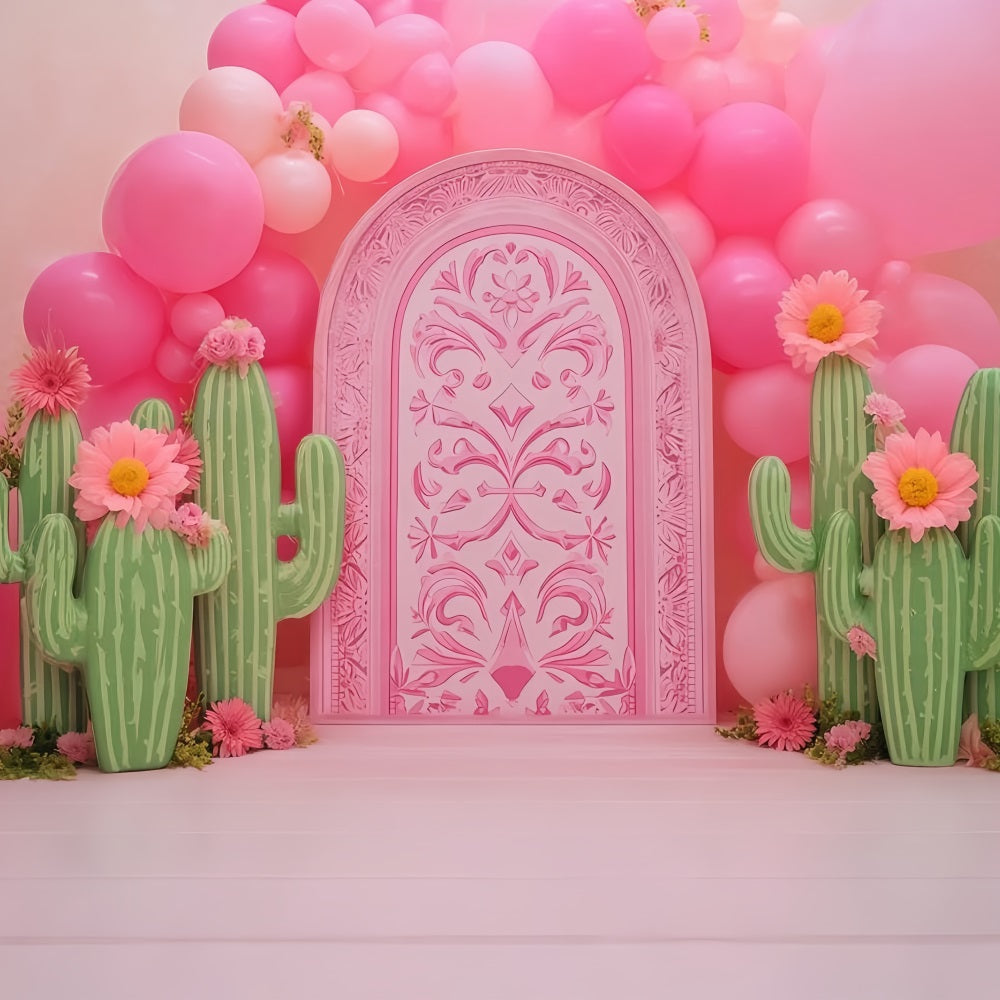 Toile de fond pour photographie de gâteaux Toiles de fond d'anniversaire Jardin de ballons et cactus roses TWW59-242