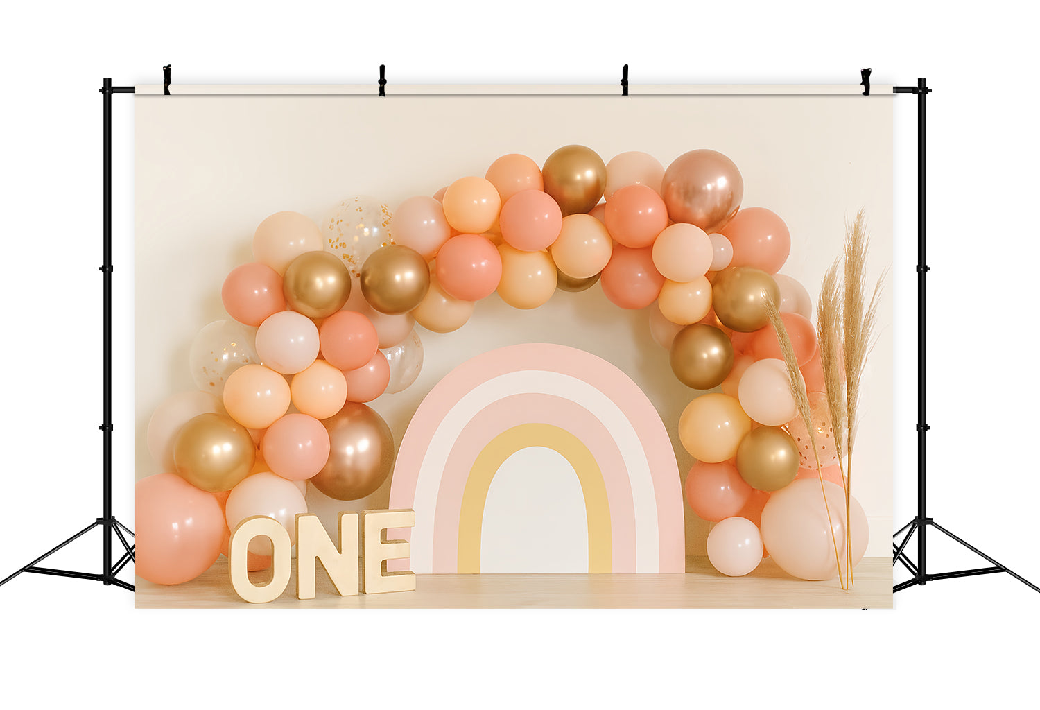Toile de fond pour gâteaux d'anniversaire Golden Peach Rainbow Arch 1st Birthday Backdrop TWW59-245