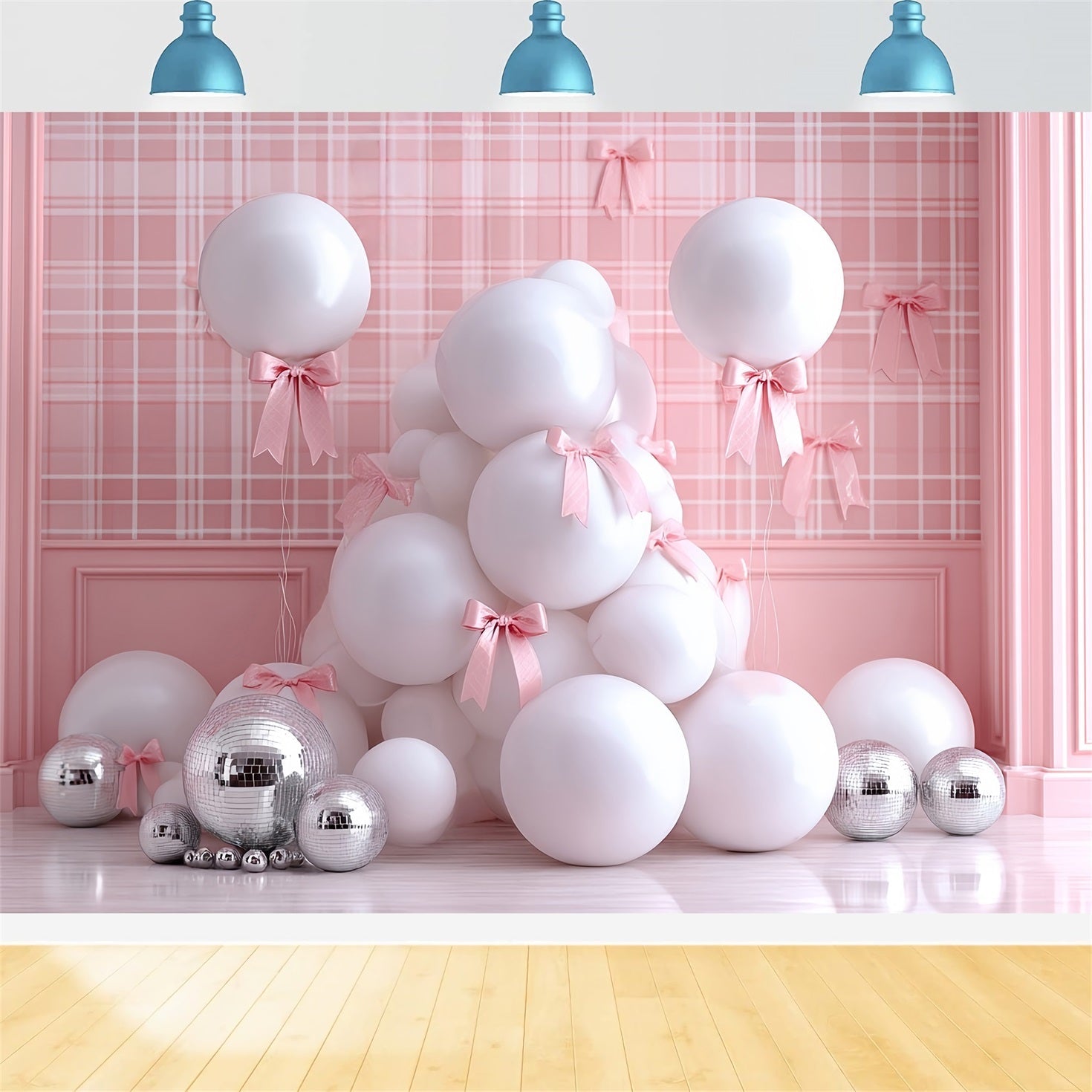 Fond pour cake smash Fond pour cake smash avec nœuds roses et ballons glamour TWW59-249