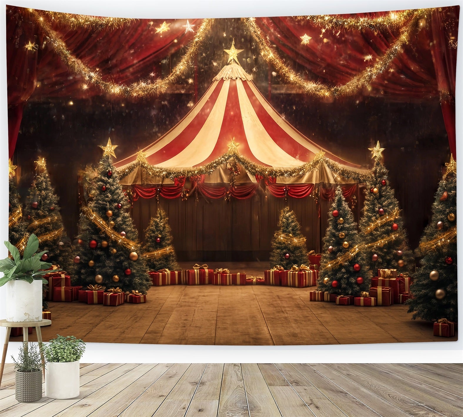 Toile de fond Cirque Noël Chapiteau Guirlande Étoile Dorée TWW59-34