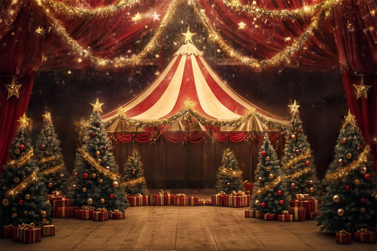 Toile de fond Cirque Noël Chapiteau Guirlande Étoile Dorée TWW59-34