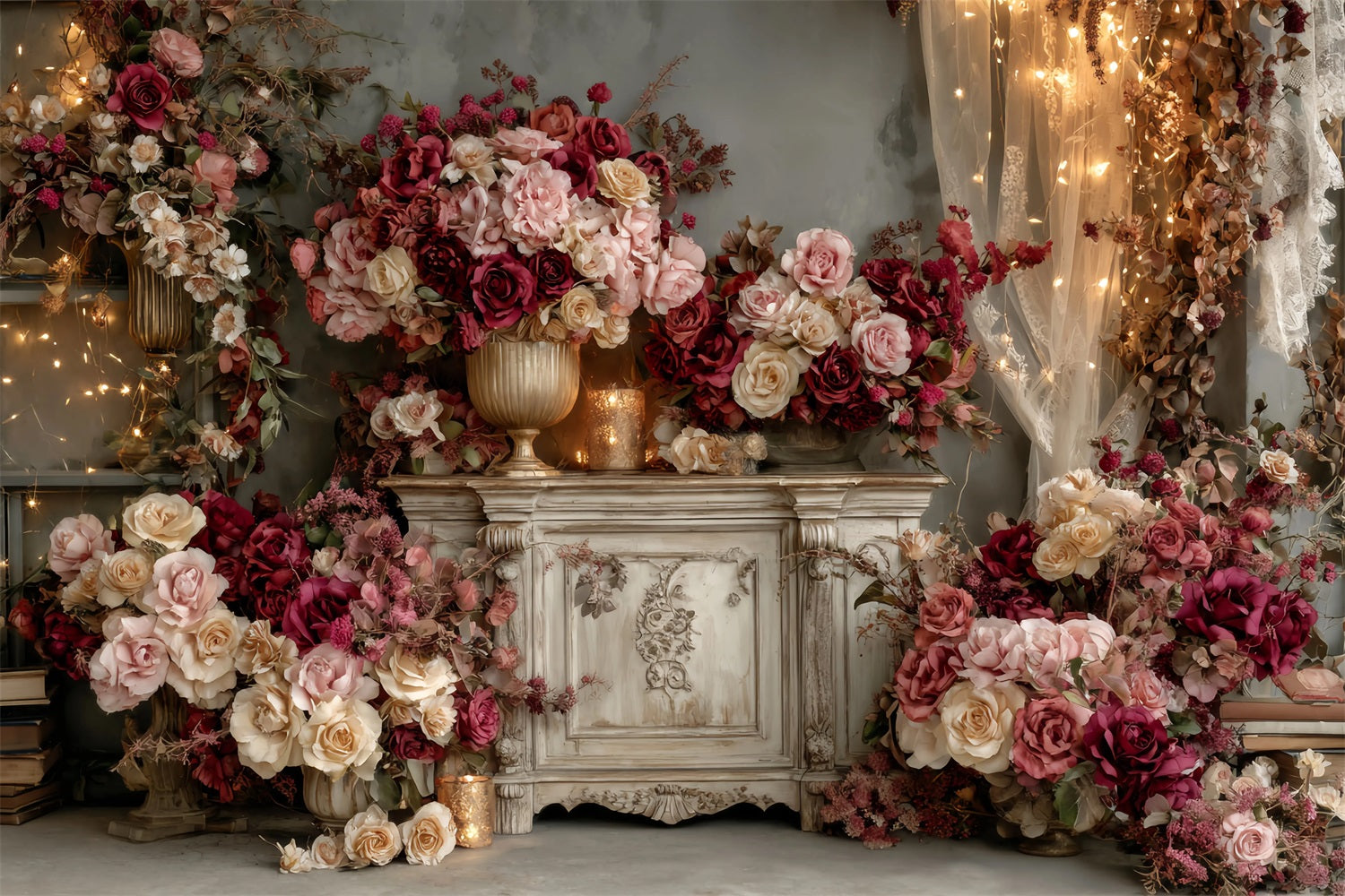 Toile de fond Mariage Vintage Arrangement Vintage Roses Bourgogne TWW59-36