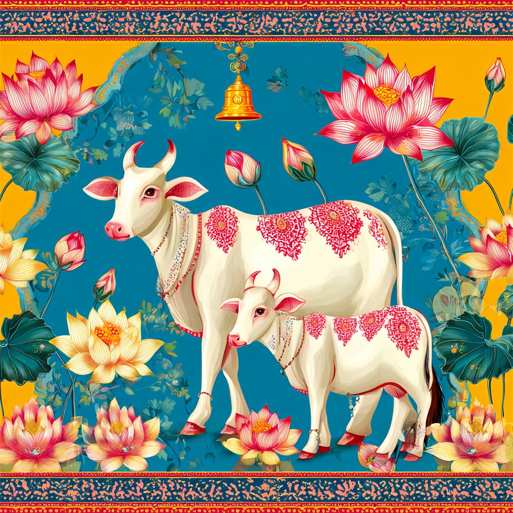 Toile de fond Mariage Indien Lotus Vaches Illustration Colorée TWW59-40