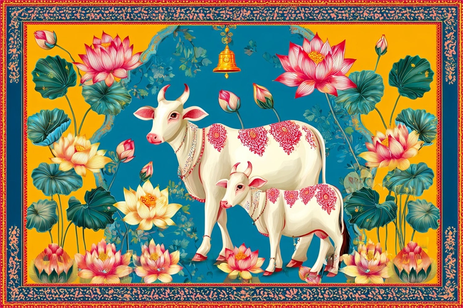 Toile de fond Mariage Indien Lotus Vaches Illustration Colorée TWW59-40