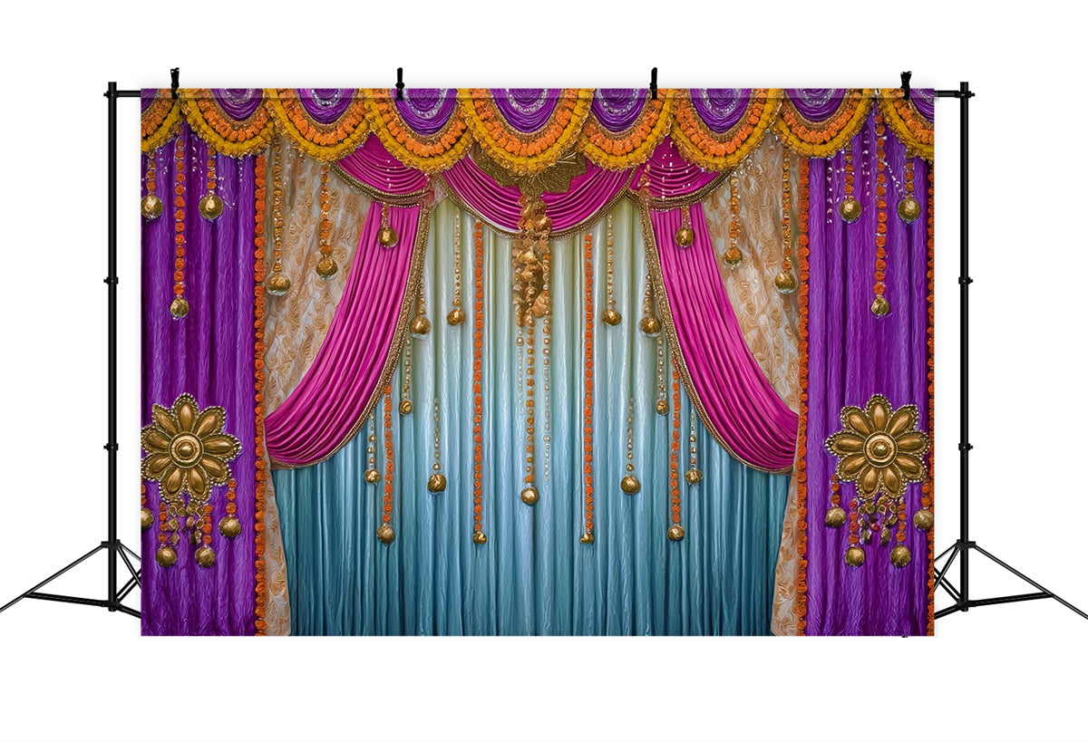 Toile de fond Mariage Indien Rideaux Dorés Violets Drapés TWW59-41