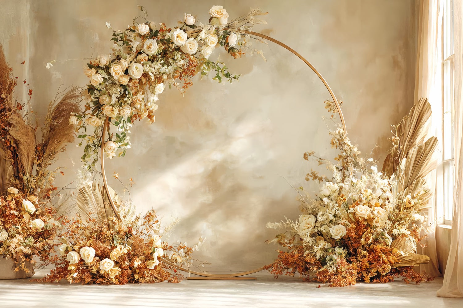 Toile de fond Mariage Arche Ronde Dorée Florale TWW59-42