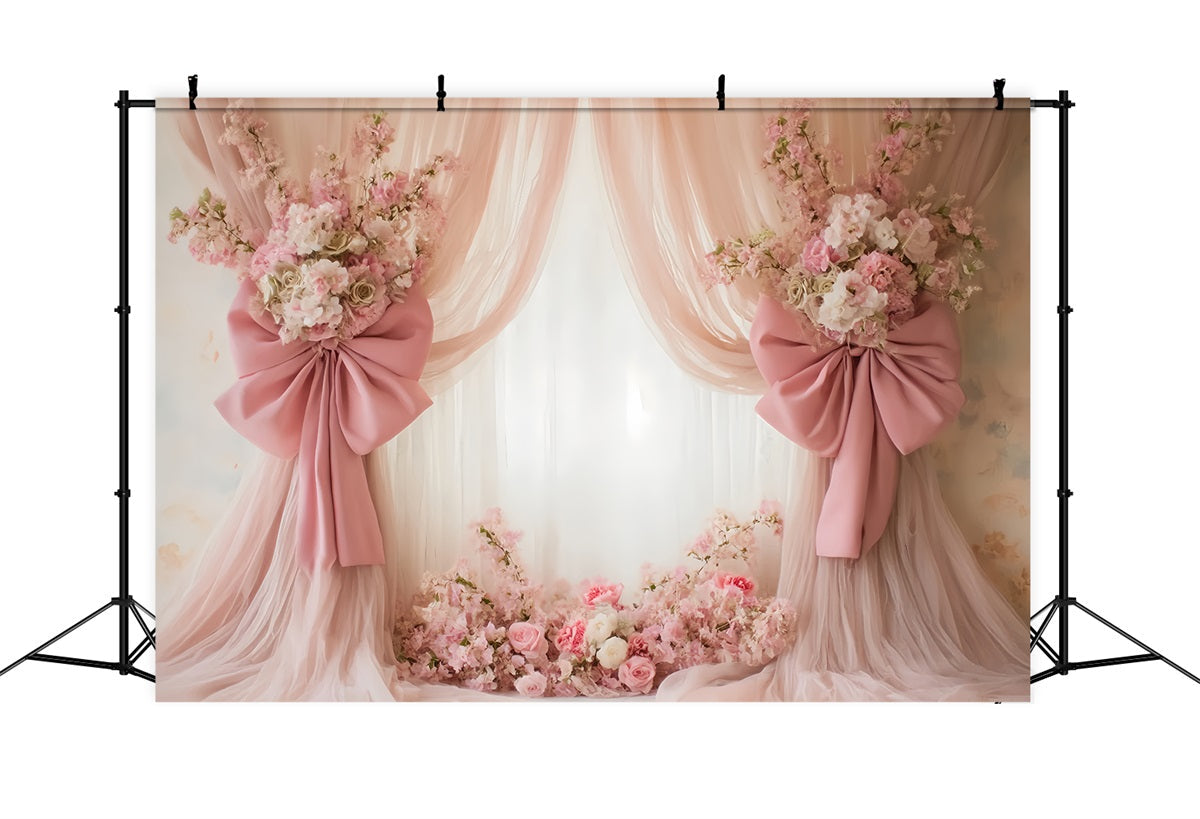 Toile de fond Mariage Vintage Drapés Roses Pâles Nœuds Élégants TWW59-43