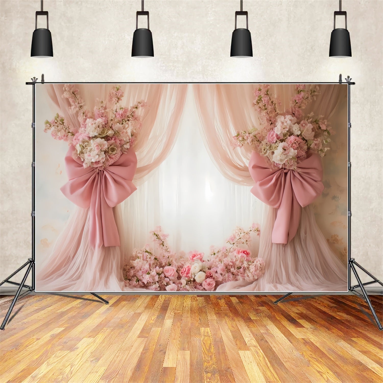 Toile de fond Mariage Vintage Drapés Roses Pâles Nœuds Élégants TWW59-43