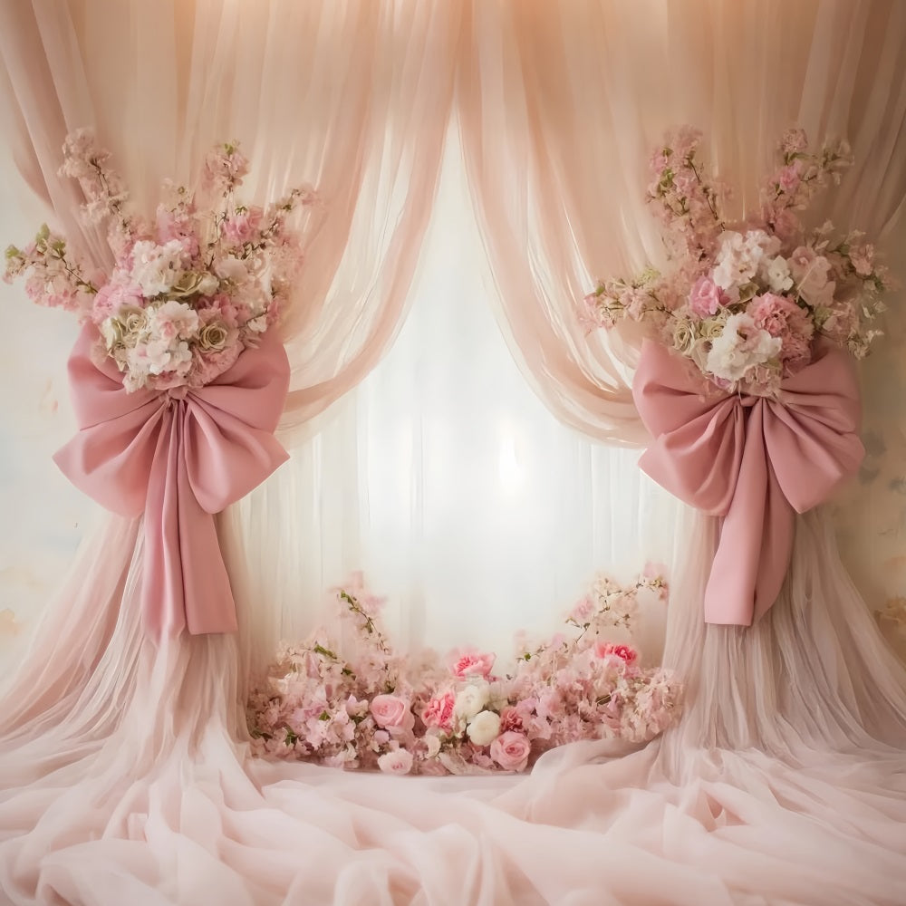 Toile de fond Mariage Vintage Drapés Roses Pâles Nœuds Élégants TWW59-43