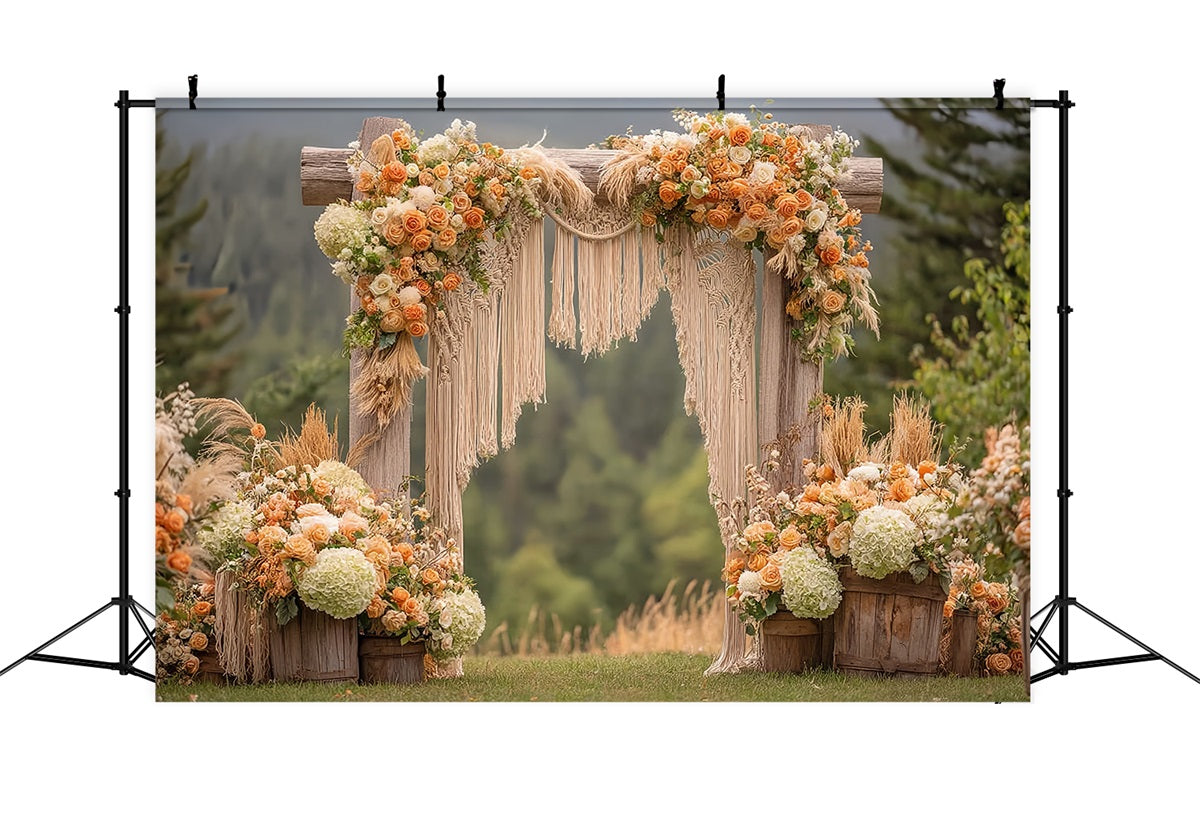 Toile de fond Mariage Macramé Arche Rustique Roses Oranges Bohème TWW59-44