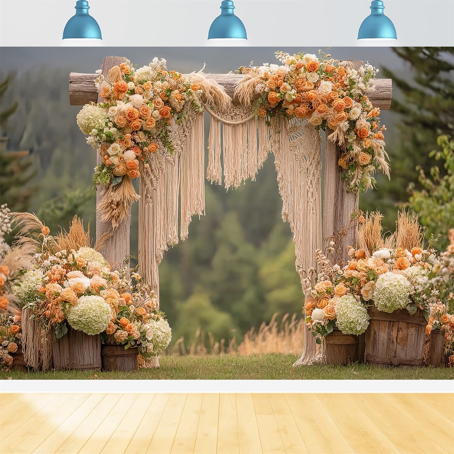 Toile de fond Mariage Macramé Arche Rustique Roses Oranges Bohème TWW59-44