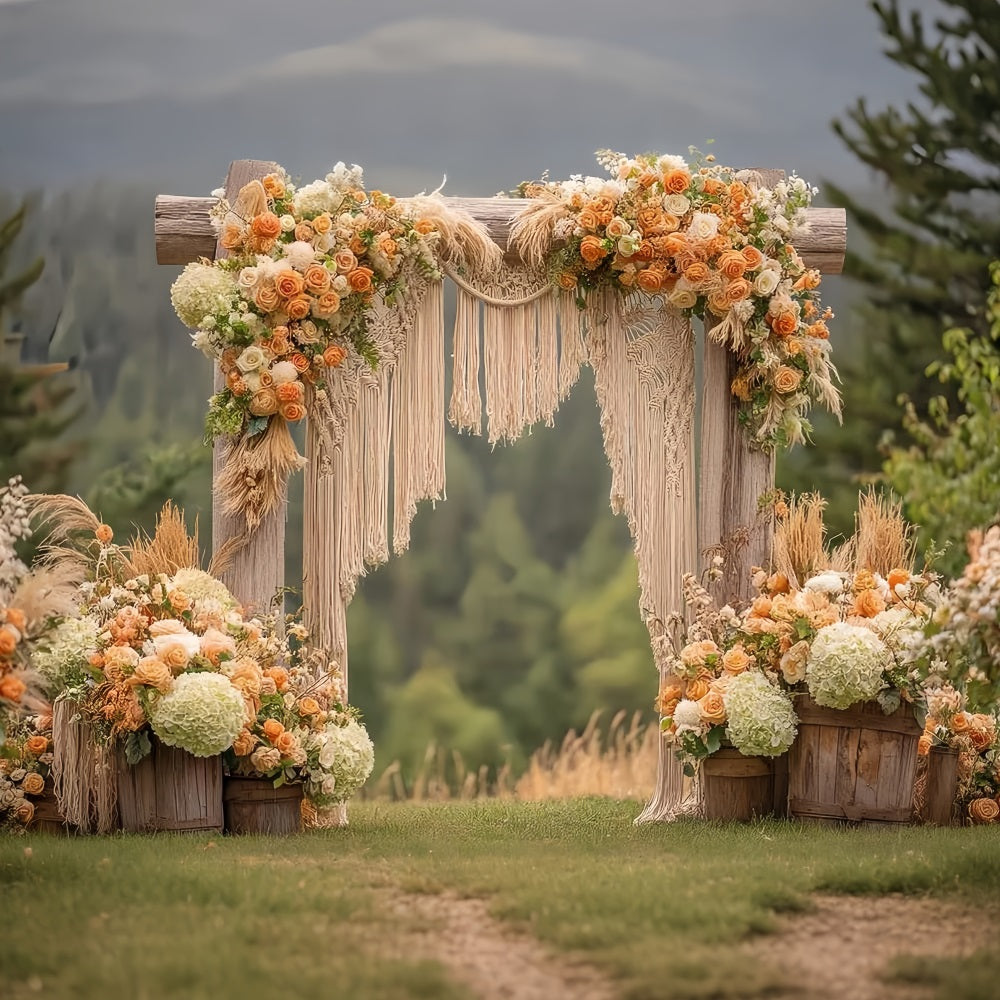 Toile de fond Mariage Macramé Arche Rustique Roses Oranges Bohème TWW59-44