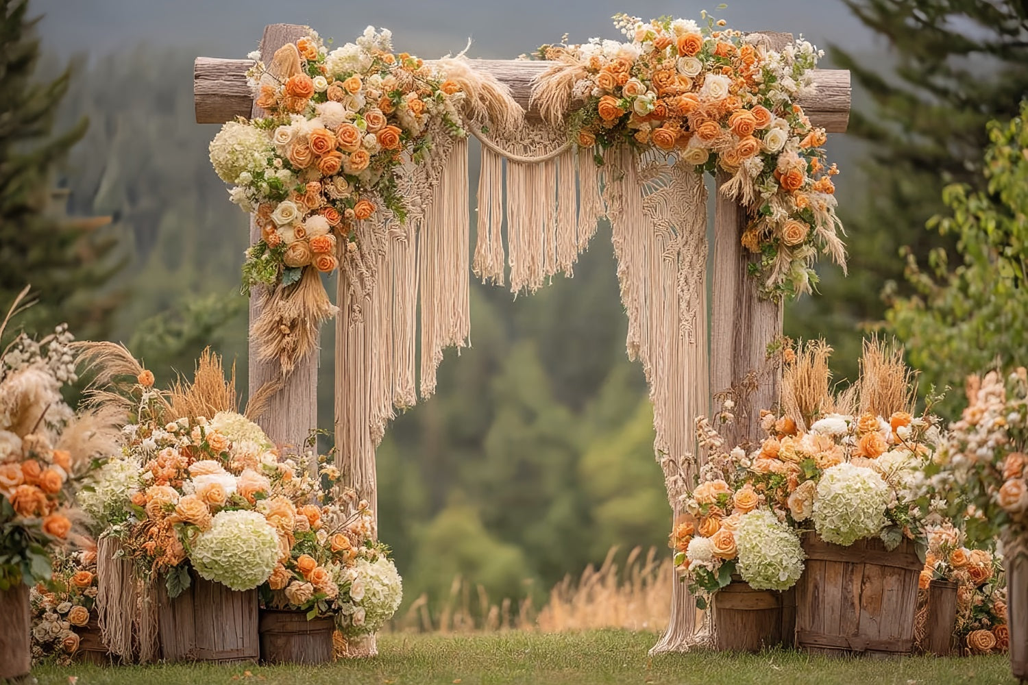 Toile de fond Mariage Macramé Arche Rustique Roses Oranges Bohème TWW59-44