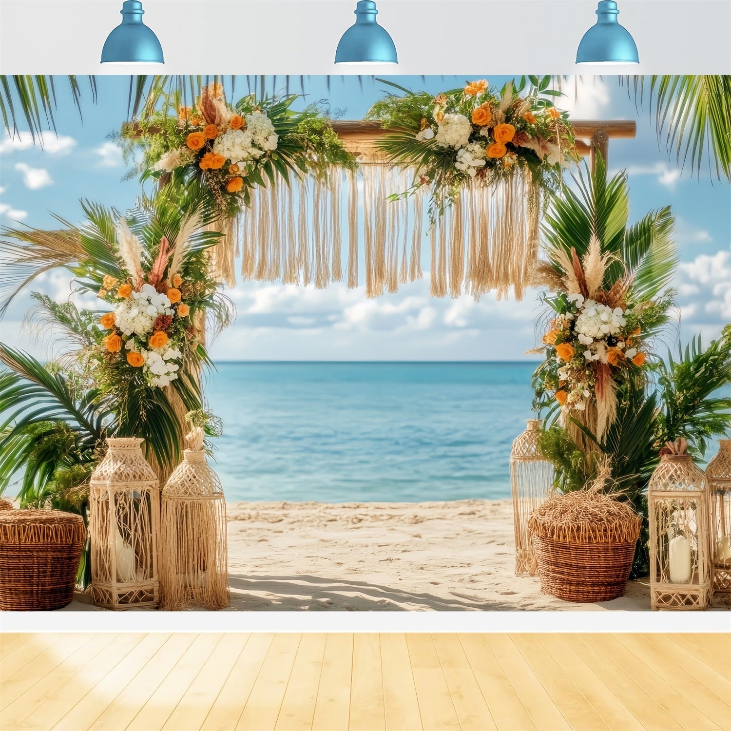 Toile de fond Mariage Plage Arche Florale Tropicale Bohème TWW59-47