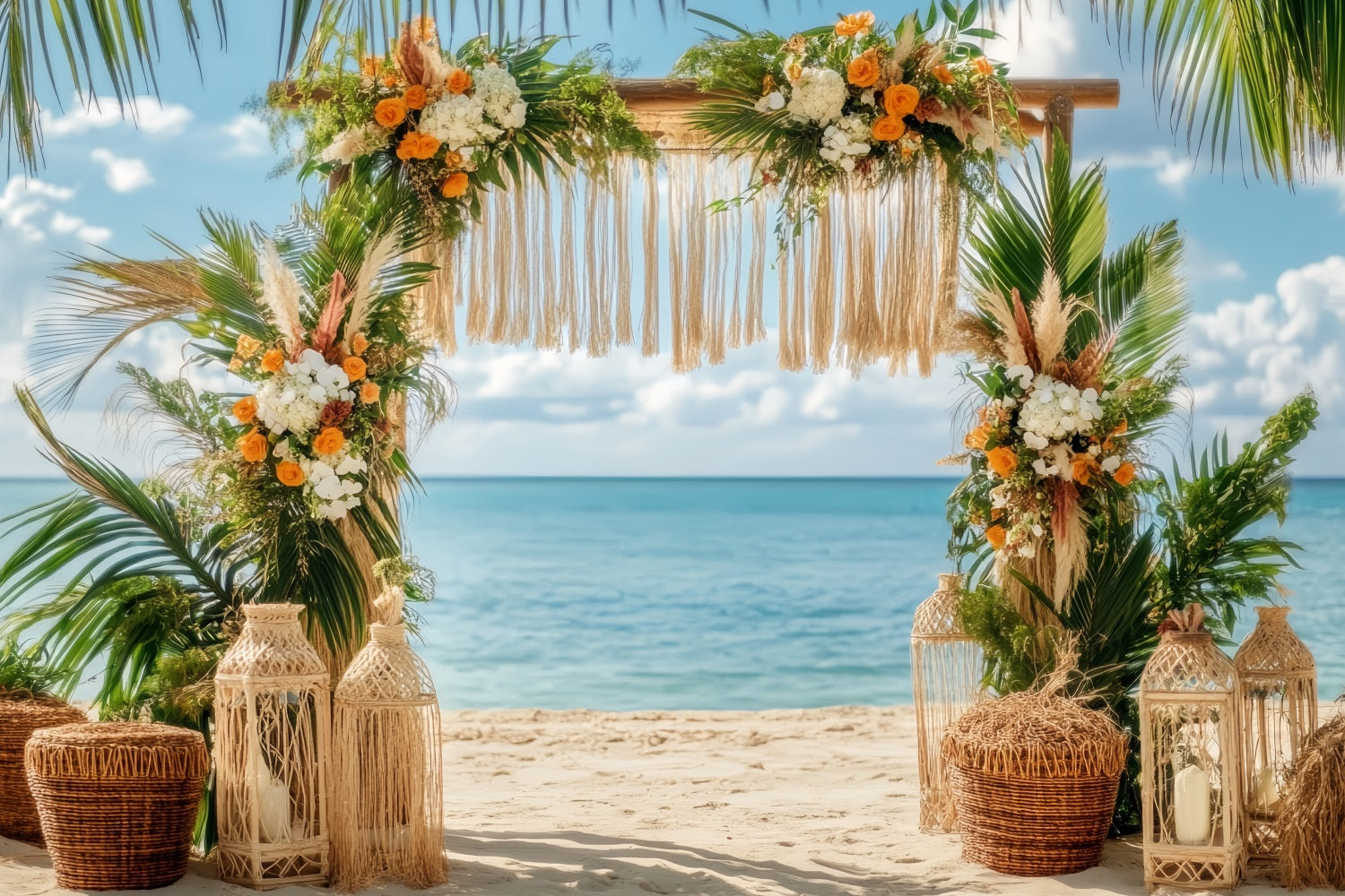Toile de fond Mariage Plage Arche Florale Tropicale Bohème TWW59-47