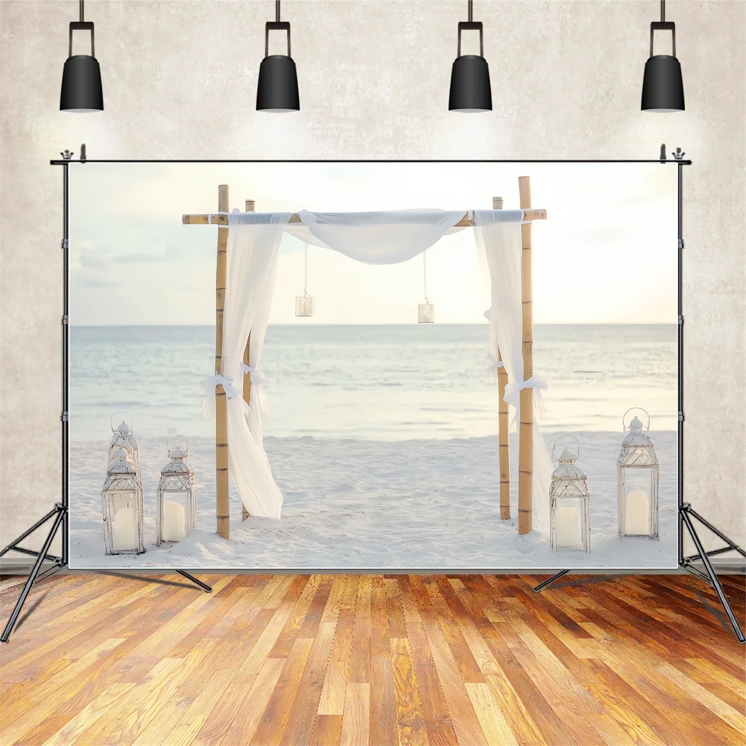 Toile de fond Mariage Plage Bambou Minimal Drapés Blancs TWW59-49