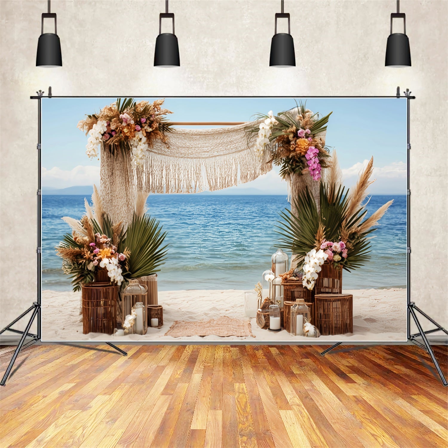 Toile de fond Mariage Plage Arche Macramé Bord de Mer Bohème TWW59-52