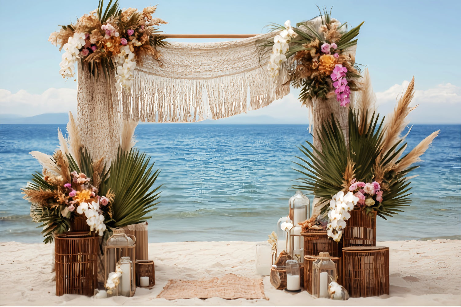 Toile de fond Mariage Plage Arche Macramé Bord de Mer Bohème TWW59-52