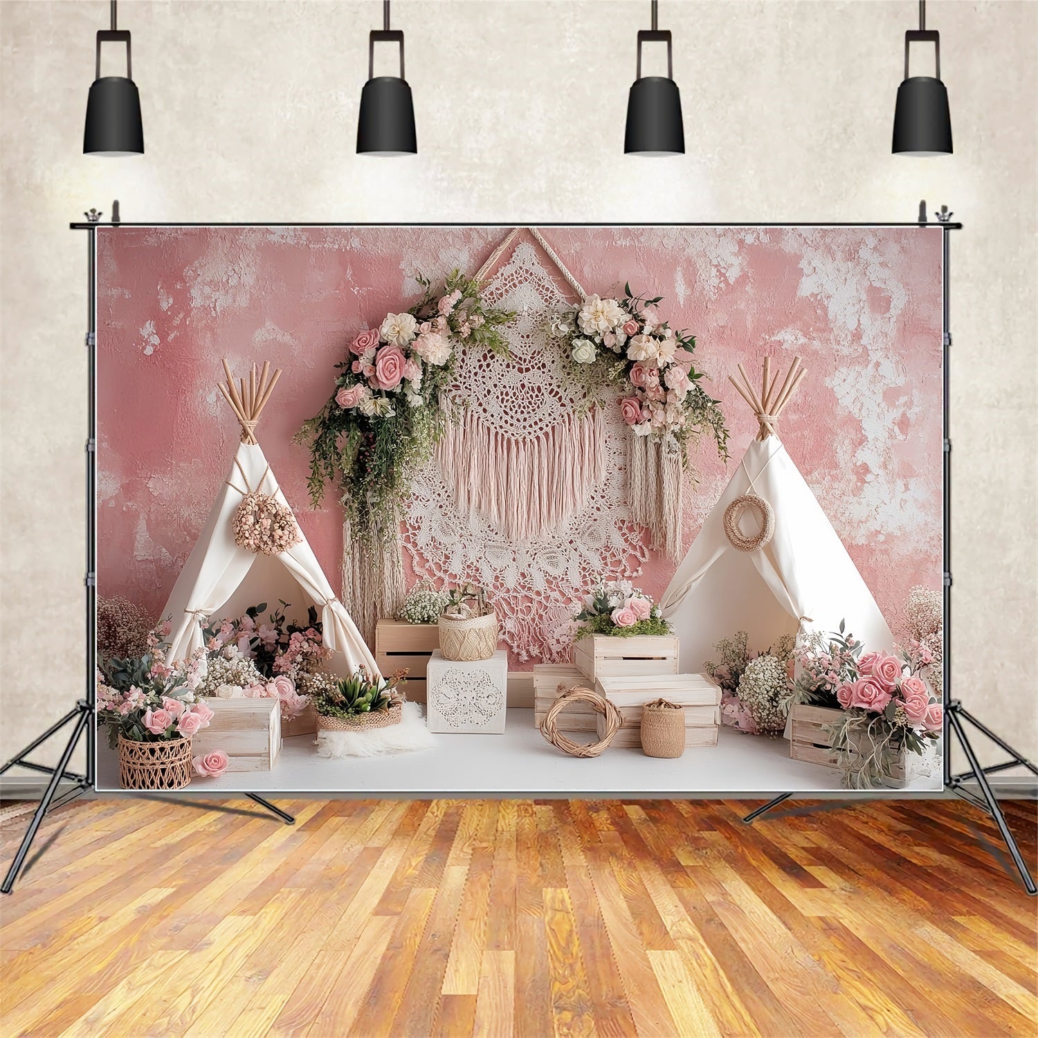 Toile de fond Mariage Bohème Tente Rose Bohème Fleurs Élégantes TWW59-56