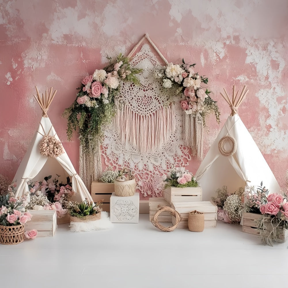 Toile de fond Mariage Bohème Tente Rose Bohème Fleurs Élégantes TWW59-56