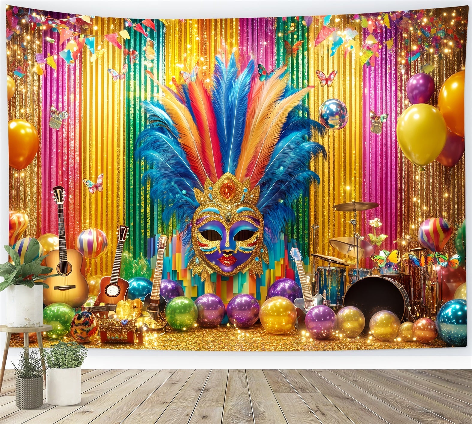 Toile de fond Cirque Masque Coloré Plumes Fête Scène TWW59-6