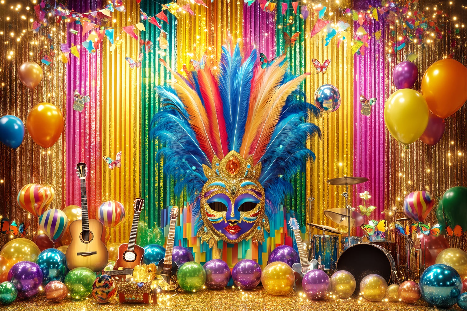 Toile de fond Cirque Masque Coloré Plumes Fête Scène TWW59-6
