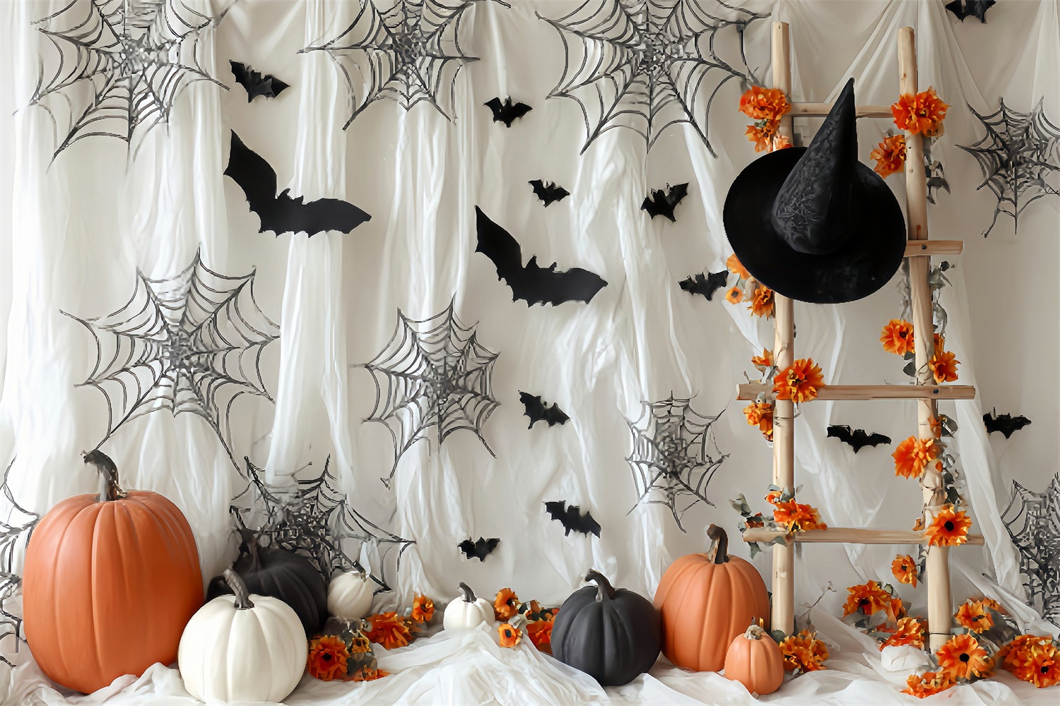 Fond Photo Halloween Chauve-Souris Citrouille Toile D’Araignée Échelle TWW59-62