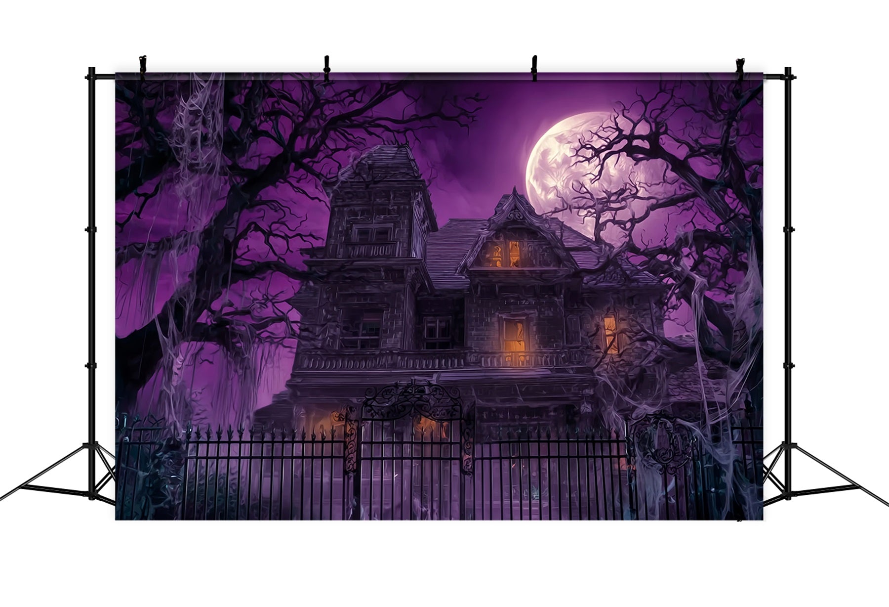 Toile De Fond Halloween Manoir Hanté Ciel Violet Pleine Lune Effrayant TWW59-63