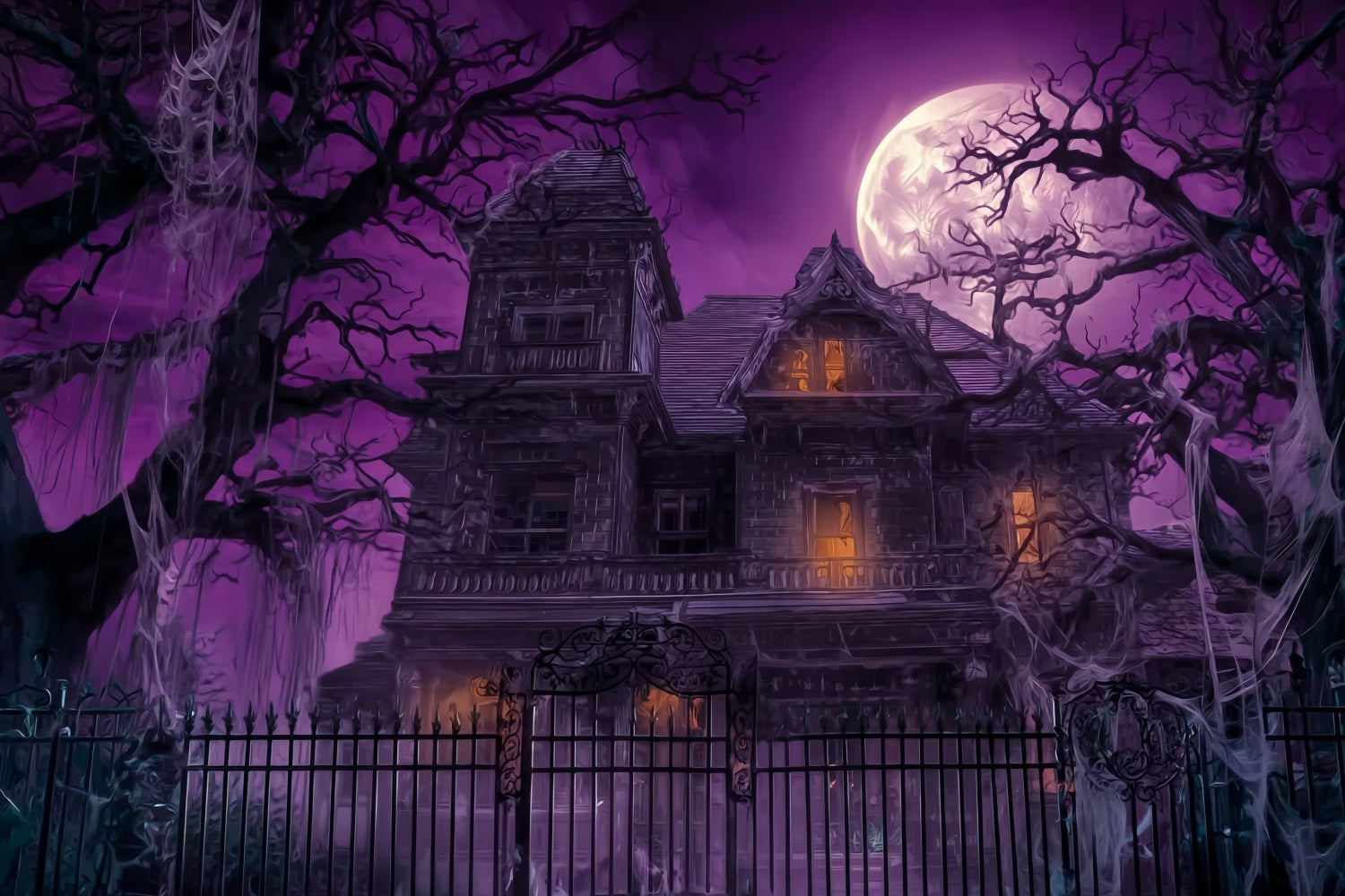 Toile De Fond Halloween Manoir Hanté Ciel Violet Pleine Lune Effrayant TWW59-63
